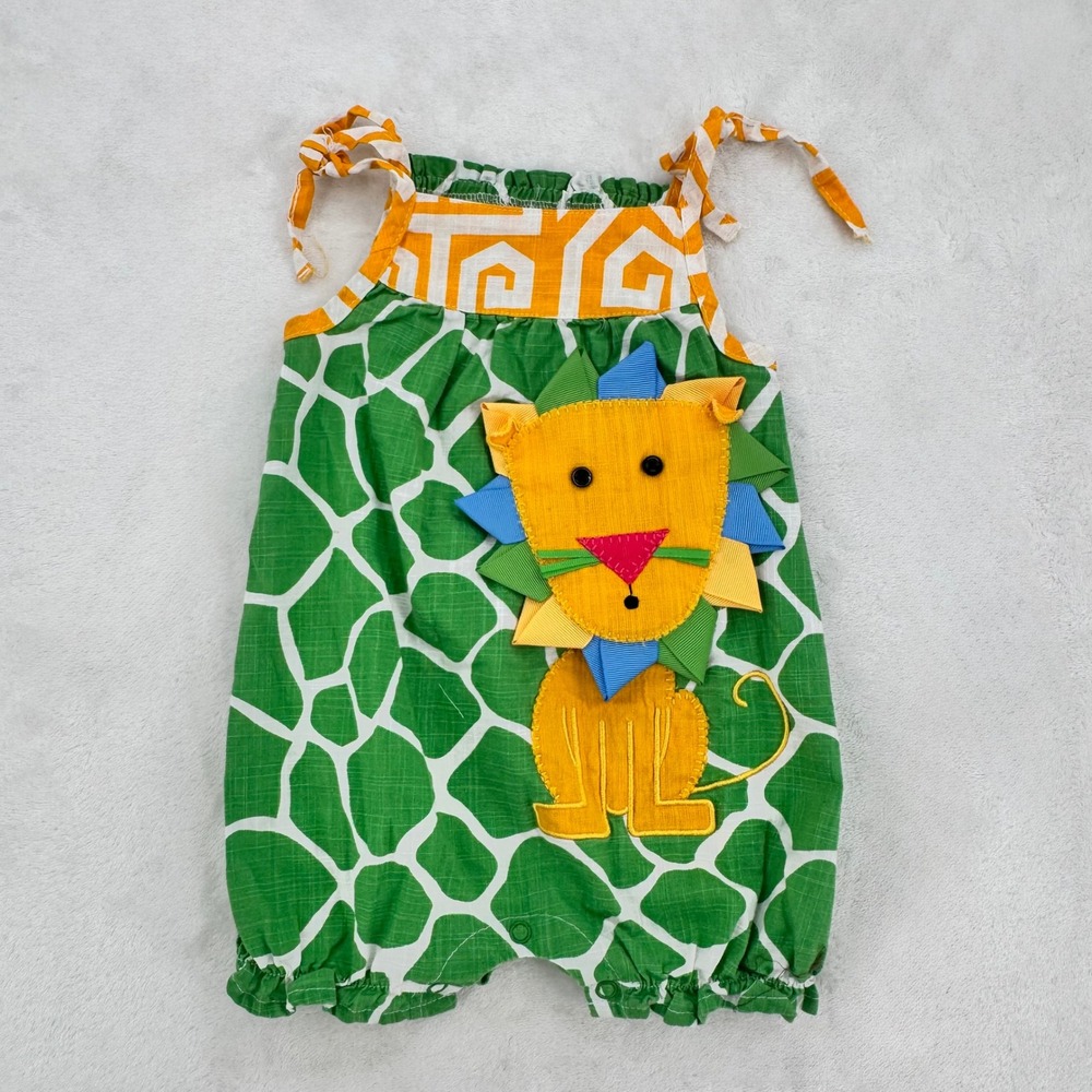 Mud Pie 3D Lion Applique Green Giraffe Baby Girl Romper Size 9-12 Months Cotton
